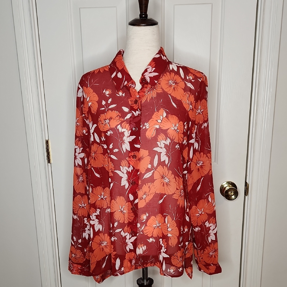CAbi 3766 Hothouse Floral Print Sheer Chiffon Blouse Size M